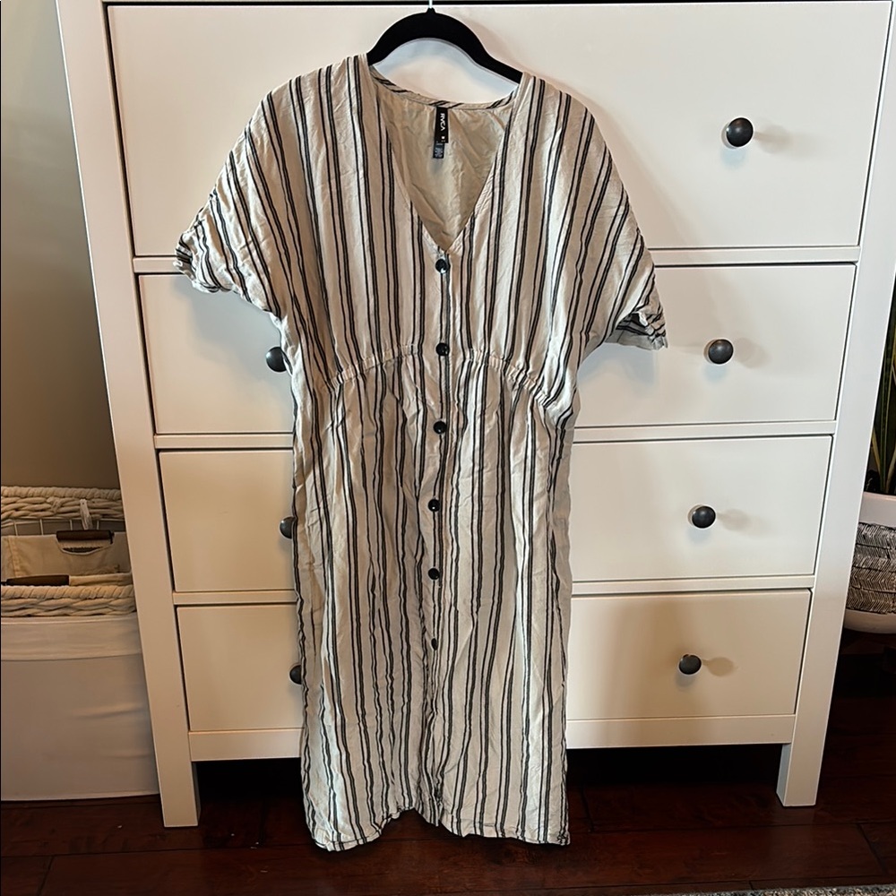 RVCA Black and Cream Striped V-Neck Dress